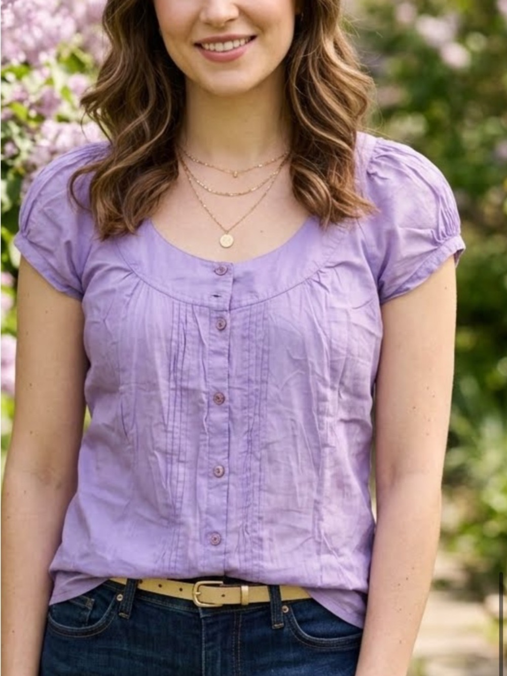 Isaac Mizrahi Lavender Short-Sleeve Button Front Top